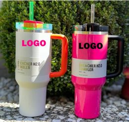 Met logo elektrisch zwart 40oz tumbler geel oranje neon groene quencher h2.0 roestvrijstalen bekers met siliconen handgreep dekst stro winter roze auto mokken i0415