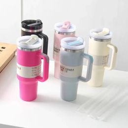 Nieuw blussen H2.0 Sakura Pink Ocean Blue 40oz mokken met handvat Geïsoleerde tumbler Cover Strawless stalen koffie Coffee Cup Watermeloen Moonshine Limi Groen Pink Flamingo