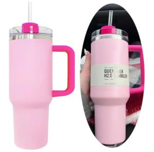 Bouteilles d'eau PINK Flamingo 40 oz Tye Dye Quencher H2.0 Tasses à café Tasses de camping Gobelets en acier inoxydable avec poignée en silicone Valentine Gift US Stock i1120