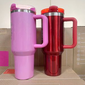 Met logo - Starbks Winter Pink and Red Colors 40oz 30oz 304 Roestvrij staal Tumbler Elektrische roze neon Groene geel oranje reisbekers met handvat beschikbaar