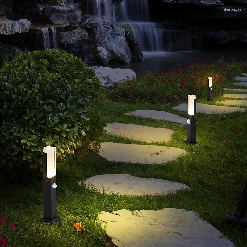 Con Sensor de movimiento LED Lámpara de jardín Pilar de aluminio moderno Patio exterior Villa Paisaje Bolardos Luz