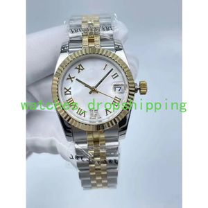 Met originele doos Lady Horloges 31 mm Romeinse gezicht 6-cijferige synthetische diamant roestvrij staal Two Tone Date Sapphire Glass polshorloges