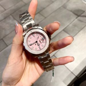 Met originele doos heren geüpgraded yacht -serie kijk roze wijzerplaat zilveren keramische rand ingelegde roestvrij staal originele vaste armband automatische beweging horloges