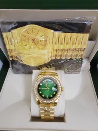 Met originele doos Luxe modehorloges Topkwaliteit 18k geel goud groen diamanten wijzerplaat bezel 18038 horloge automatisch herenhorloge polshorloge 2023