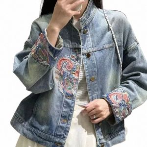 Avec imprimé Printemps Automne Femme Jeans Manteau Crop Brodé Col Montant Bleu Denim Vestes Vêtements d'extérieur Graphique Petit o4pS #