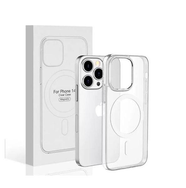 Con caja de embalaje al por menor Estuches de teléfono a prueba de golpes magnéticos de acrílico transparente para iPhone 14Pro 14 Cargador Magsafe compatible