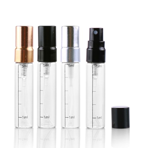 Con escala 2,5 ml 3 ml 5 ml 10 ml Botellas de perfume en aerosol transparente Pulverizador con bomba Mini tubo de vidrio con tapas de metal negro dorado plateado