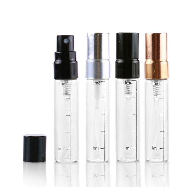 Con escala 25ml 3ml 5ml 10ml Botellas de perfume en aerosol transparente Pulverizador de bomba Mini tubo de vidrio con tapas de metal dorado, plateado y negro Lkfoh