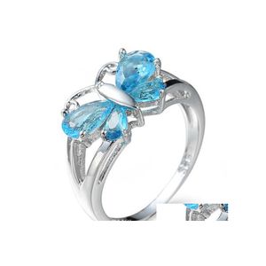 Con piedras laterales 10 piezas 1 lote Luckyshine Azul Topacio Rojo 925 Sterling Sier Anillos de mariposa Conjuntos Mujeres Cubic Zirconia Regalo de vacaciones DHSDM