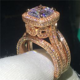 Con pietre laterali Oro rosa 18 carati Vintage 3in1 Diamond cz Ring set Gioielli in argento sterling 925 Fidanzamento Fedi nuziali Anelli per donna uomo Bijou 230701