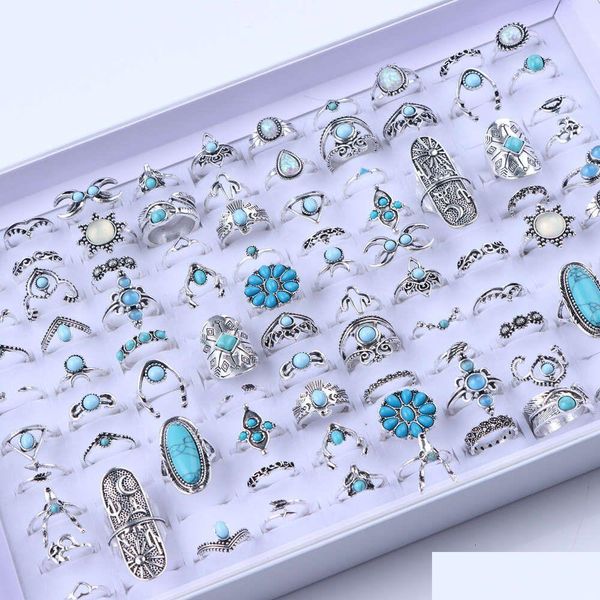 Avec des pierres latérales 20 / 30pcs / lot vintage Boho Glass Turquoise Rings Fashion Women Style Vacation Style Daily Festival Bijoux Party Decoration DHKGQ