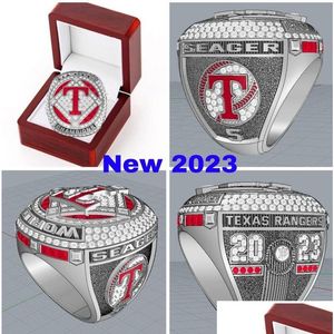 Con piedras laterales 2022 2023 Anillo de campeonato de campeones del equipo Seager de los Rangers de béisbol con caja de presentación de madera Recuerdo Hombres Fan Regalo Brit DHJQD