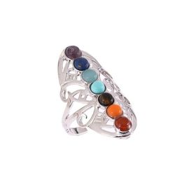 Avec des pierres latérales 7 pierres de chakra Bagues de perles Reiki Nce Méditation Point de guérison Charme Yoga réglable Fleur creuse Bague pour femme D Dhfcg