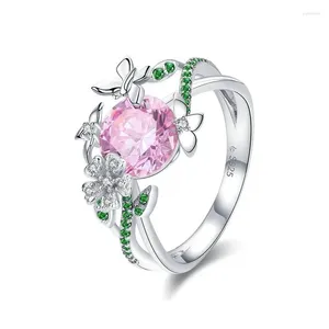 Avec des pierres latérales 925 Silver Silver Flower Butterfly Rings Forme Fomen Femme Rose CZ Anneau de fiançailles de mariage Bijoux BSR010