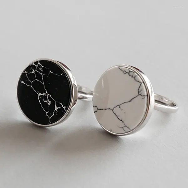 Avec pierres latérales BIG J.W tendance 925 bagues en argent sterling pour femmes rétro bohème simple rond noir et blanc pierre synthétique doigt