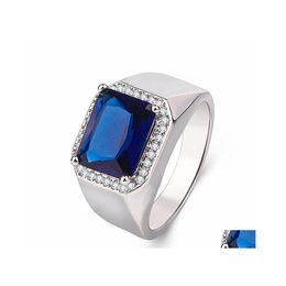 Avec des pierres latérales Bleu Corindon Saphir Ouvert Anneaux Sier Plaqué Platine Tanzanite Live Mens Bague Mode Classique Dominateur Luxe Dhqcy