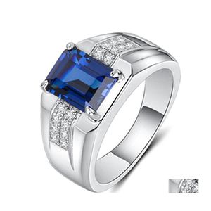 Met zijstenen Blue Zirkon Sier Ring Fashion Trendy Mens Business Domineering Baguette Diamond Men Corundum Drop Delivery Sieraden DHH69