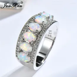 Con piedras laterales boho Big White Fire Opal Stone Ring Vintage 925 Sterling Silver Wedding Rings Promesa Love Heart Engagement for Women