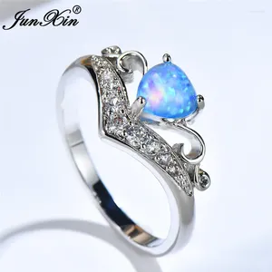 Con piedras laterales boho femenino azul blanco ópalo anillo de piedra vintage ola de plata anillos de boda promesa amor corazón compromiso para mujeres