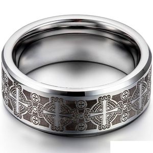 Met zijstenen Boniskiss Tungsten Vintage Mannen S Ring 8Mm Cool Gift Sieraden Man Graveren Trouwringen Anillos Hombre Unieke Bijoux Dhepf