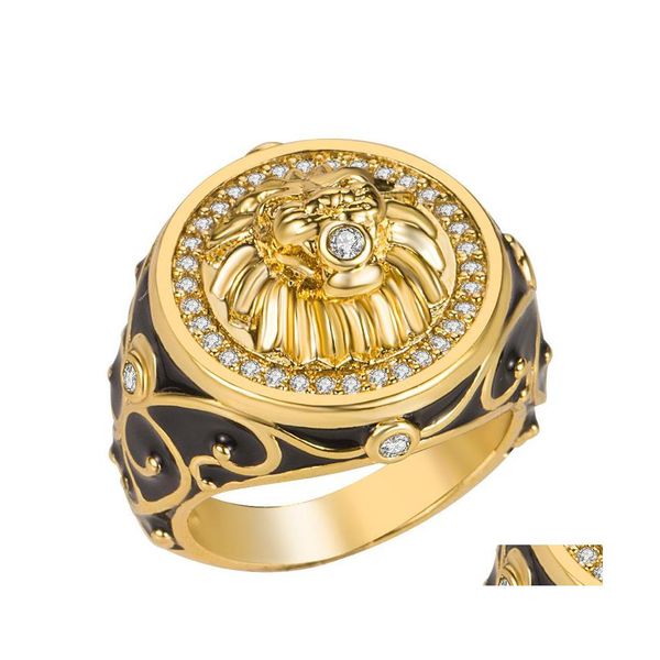 Con piedras laterales Corona Escudo de león Insignia Anillo Europa y América Chapado en cobre Oro Sello real Moda para hombre Accesorios elegantes Gota Dh8Qp