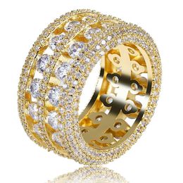 Avec pierres latérales double rangées anneaux Hip Hop brillant 18K plaqué or véritable Zircon cubique diamant bague bijoux livraison directe Dh9Gl