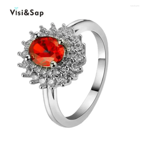 Con piedras laterales Eleple Vintage piedra roja anillos de Color oro blanco para mujer Zirconia cúbica joyería de moda anillo de compromiso regalos de fiesta VSR119