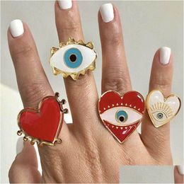 Avec des pierres latérales Mode européenne et américaine Enamed Red Heart Love Bague Creative 18K Glod Evil Eye Bijoux réglables Drop Livraison Dhmry