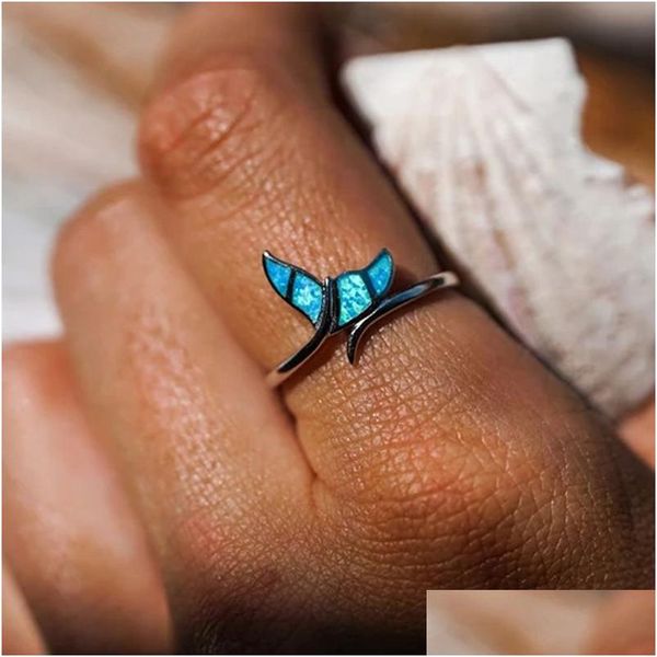 Con piedras laterales moda 925 sier anillo sier creativo azul azul dophin cola tamaño ajustable joyería de animal gota de gota Dhqly