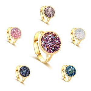 Met zijstenen mode sieraden luxe sier gouden druzy ring 12mm bling round round stone verstelbare ringen voor dames dames Jewellry DHC5K