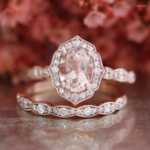 Avec pierres latérales Femme Big Oval Stone Ring Set Luxe 925 Argent / Or Rose Vintage Wedding Band Promesse Bagues de Fiançailles Pour Femmes 2023