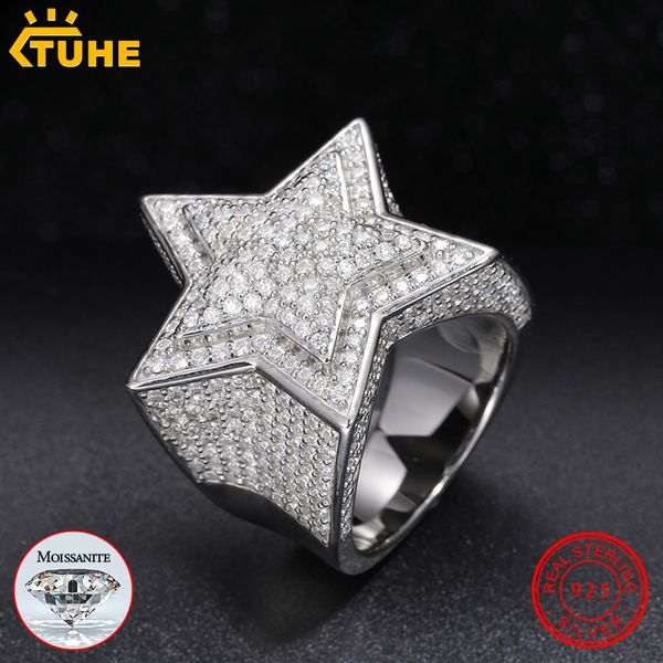 Avec des pierres latérales Fine Jewelry VVS1 Certificate Star Rings For Men 925 Sterling Silver Hip Hop 230214