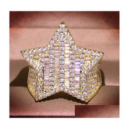 Avec des pierres latérales Gold Sier Ring Stones Haute Qualité Hip Hop Bling Zircon Cubique Fivepointed Star Anneaux Pour Hommes Femmes Bijoux Drop De Dhpmi