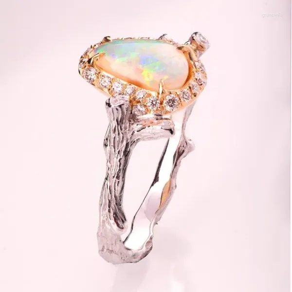 Avec pierres latérales Hainon branche élégante feuilles opale anneaux pour femmes couleur argent bague de fiançailles 2024 luxueux Zircon bijoux cadeaux