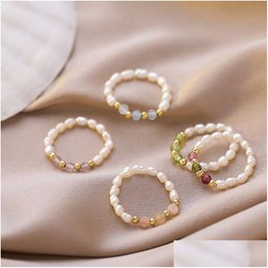Met Zijstenen Handgemaakte Kristallen Natuurlijke Zoetwaterparel Ring Gouden Kralen Elastische Ringen Voor Vrouwen Mode-sieraden Drop De Dhgarden Dhbel