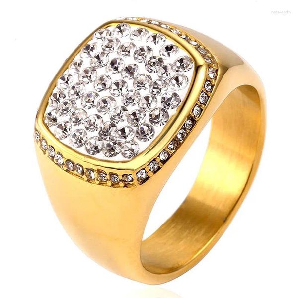 Avec des pierres latérales Hip Hop glacé plein strass bague de fiançailles couleur or anneaux en acier inoxydable pour hommes femmes en gros Bague