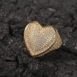 Met zijstenen Hip Hop Nieuwe heren Big Heart FL Zirkon Men Ring beroemd merk Iced Out Micro Pave CZ Rings punk rap sieraden Siz Dhgarden Dhefs