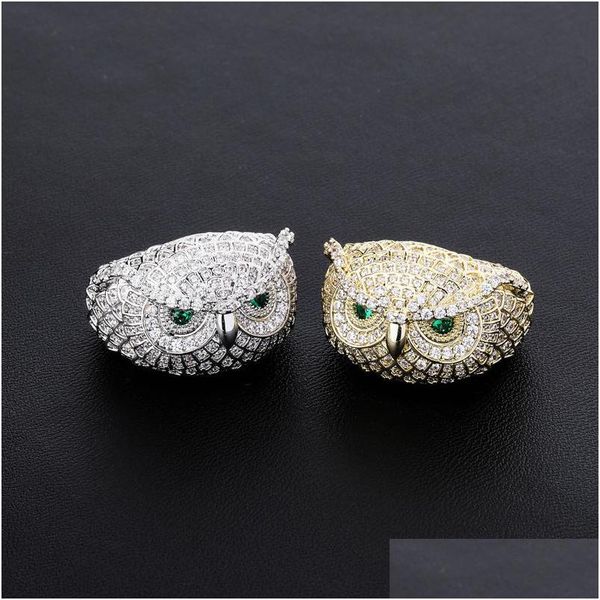 Avec des pierres latérales Iced Out Owl Gold Ring Fashion Sier Mens Rings Hip Hop Jewelry Drop Delivery Dhgarden Otbpn