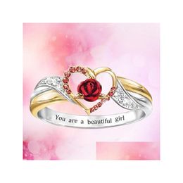 Avec des pierres latérales Isang nouvelle mode Sier or deux tons amour coeur bague vous êtes une belle fille rouge rose amant saint valentin bijoux Dr Dhip1