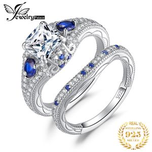 Avec des pierres latérales Bijoux 2 pièces Bague de fiançailles en argent sterling 925 pour femme 15ct AAAAA CZ Diamant simulé Saphir créé Ensembles de mariée 230707