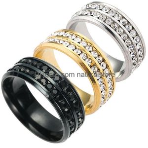 Met Zijstenen Koreaanse Roestvrij Stalen Ringen 2 Rij Fl Kristallen Stenen Strass Diamant Tennis Trouwring Voor Vrouwen mode Jewelr Dhpl0