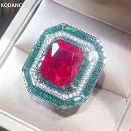 Met Zijstenen KQDANCE Grote Rechthoek Gemaakt 12 14mm Emerald Ruby Edelsteen Diamanten Ringen Grote Groene Rode Steen Luxe Sieraden Voor Vrouwen 230710
