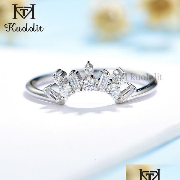 Avec des pierres latérales Kuololit 585 14K 10k White Gold Emerald Cut Anneau pour femmes Solitaire Matching Band Mariage Engagement Couple 230710 DHNU8
