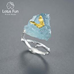 Avec des pierres latérales Lotus Fun Réglable Aquamarine Big Jewel Butterfly Ring Femme Original 925 Sterling Silver Dating Luxury Exquis Jewelry 230512