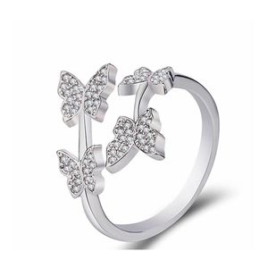 Met zijstenen Luxe vlinder open verstelbare ringen voor vrouwen FL Crystal Wedding Rose Gold Fashion Finger Ring vrouwelijke verloving DHC3N