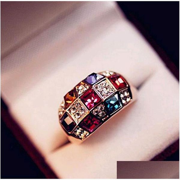 Avec des pierres latérales Bijoux de luxe Anneaux de pierres précieuses en cristal autrichien Couleur mélangée Bague de réglage de canal Colorf pour hommes femmes Prix bas Drop Dh3En