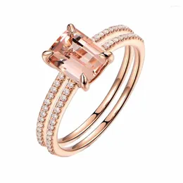 Avec des pierres latérales Luxury Rose Gold Square Crystal Zircon Engagement Anneau de fiançailles 2 PC / Set Bridal Weddal Band Rings # 268739