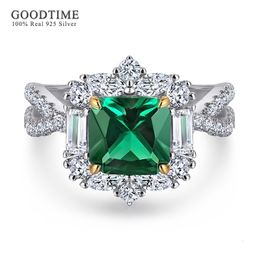 Avec des pierres latérales Bague de mariage de luxe pour les femmes Pure 100% 925 Sterling Silver Square Green High Carbon Gemstone Ring Bijoux Cadeau pour femme 230701