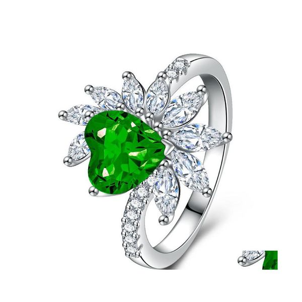 Avec Des Pierres Latérales De Luxe Femmes Bagues Pour La Fête Bague En Cristal Vert Vif Noble Dame Vintage Style Accessoires Magnifique Cadeau H Dhdc6