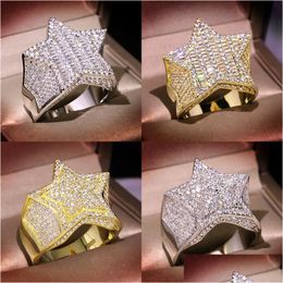 Met Zijstenen Heren Gouden Ring Hoge Kwaliteit Vijfpuntige Ster Mode Hip Hop Sier Ringen Sieraden Drop Levering Dhmln